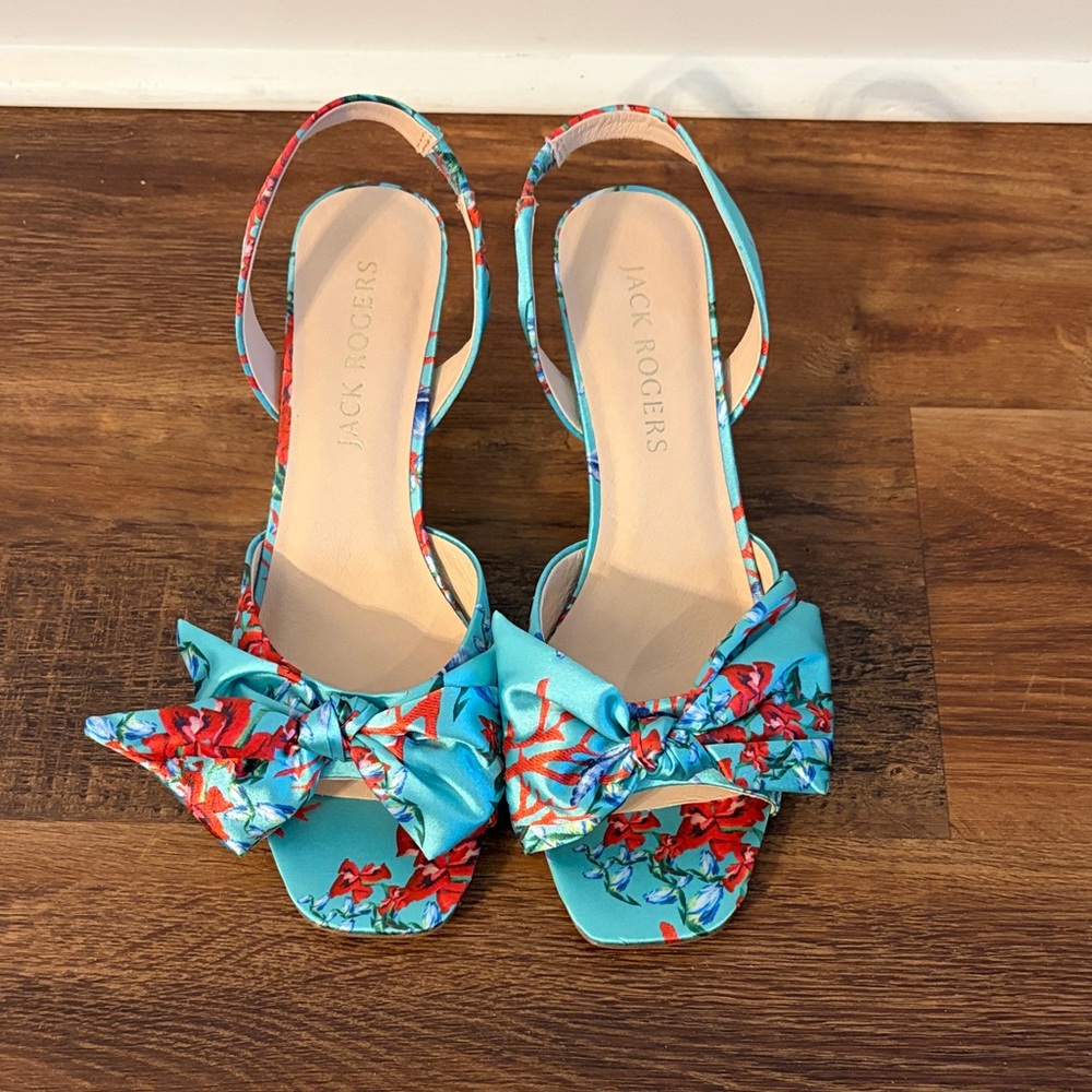 Jack Rogers Turquoise Floral Bow Slingback Sandals NWT
